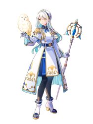 1girl amg_(nwmnmllf) belt bird bird_on_hand black_hairband black_pantyhose blue_hair boots breasts colored_inner_hair dairoku_ryouhei epaulettes full_body gloves hairband highres holding holding_staff long_hair lumi_ivadoll medal multicolored_hair owl pantyhose small_breasts smile solo staff standing transparent_background white_boots white_gloves white_hair yellow_eyes 