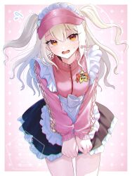  1girl apron black_skirt blush breasts fate/grand_order fate_(series) flying_sweatdrops frilled_hat frills hat highres illyasviel_von_einzbern illyasviel_von_einzbern_(fgo_fes._2026) jacket long_hair long_sleeves looking_at_viewer open_mouth orange_eyes pink_hat pink_jacket sidelocks skirt small_breasts solo suk_195 thighs two_side_up visor_cap white_apron white_hair 