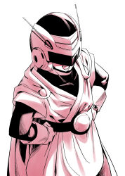  absurdres amayuki318 belt black_bodysuit bodysuit cape collarbone dougi dragon_ball dragon_ball_z from_above gloves great_saiyaman hands_on_own_hips helmet highres motorcycle_helmet partially_colored radio_antenna simple_background son_gohan talking teeth tongue turtleneck turtleneck_bodysuit upper_body visor_(armor) visor_cap watch watch white_background white_gloves 