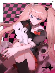  1girl absurdres bear_hair_ornament black_shirt black_socks blonde_hair blood blue_eyes border bow checkered_background colored_blood commentary_request danganronpa:_trigger_happy_havoc danganronpa_(series) enoshima_junko eyelashes fingernails grin hair_ornament highres long_hair monokuma nail_polish pink_blood red_bow red_nails red_skirt rost_guu shirt sitting skirt skull smile socks star_(symbol) teeth twintails two-tone_background white_border 