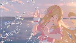  1girl aisu_(aicetkr) bare_shoulders blonde_hair blue_nails blurry blurry_background breasts cartethyia_(wuthering_waves) closed_eyes commentary_request evening hairband hands_up highres long_hair long_pointy_ears nail_polish ocean official_alternate_costume open_mouth parted_bangs pink_shirt pointy_ears shirt sidelocks small_breasts smile solo splashing tacet_mark_(wuthering_waves) upper_body wuthering_waves 