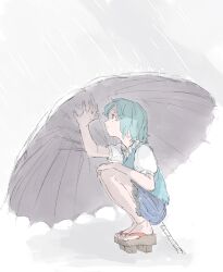  1girl blue_hair blue_skirt blue_vest collar commentary_request frilled_collar frills from_side geta grey_background hand_on_own_knee holding holding_umbrella motsuni_(artist) profile puffy_short_sleeves puffy_sleeves rain red_eyes shirt short_hair short_sleeves skirt solo squatting tatara_kogasa touhou umbrella vest white_shirt 