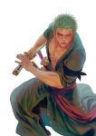  1boy bare_pectorals dark-skinned_male dark_skin feet_out_of_frame fighting_stance green_hair green_kimono highres japanese_clothes kimono looking_at_viewer male_focus nok_(nok_1) one_piece open_clothes open_kimono pectorals ready_to_draw roronoa_zoro scar scar_across_eye serious short_hair solo veins veiny_arms veiny_hands 