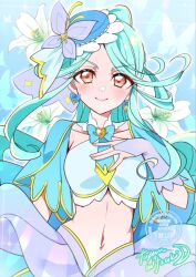  1girl absurdres aqua_capelet blue_hair blue_hat blue_tube_top boater_hat bridal_gauntlets brooch butterfly_hat_ornament capelet closed_mouth cure_eclair flower frilled_tube_top frills hat hat_ornament heart heart_brooch highres howa_kurea impossible_hair jewelry lily_(flower) long_hair magical_girl meitantei_precure! mitsuki_tayura navel orange_eyes ponytail precure purple_bridal_gauntlets smile solo strapless tube_top very_long_hair 