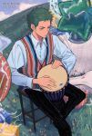  1boy absurdres alternate_costume drum drumming feet_out_of_frame from_above grass green_hair half-closed_eyes happy_birthday highres instrument male_focus one_piece pants roronoa_zoro short_hair sitting solo towne vest 