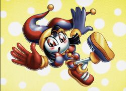  1990s_(style) 1girl :o asymmetrical_gloves black_hair blush colored_skin gloves harry_gold hat hat_bell jester jester_cap jester_costume looking_down mismatched_gloves multicolored_eyes multicolored_hat polka_dot polka_dot_background pomni_(the_amazing_digital_circus) retro_artstyle solo striped_clothes striped_headwear the_amazing_digital_circus two-tone_eyes two-tone_hat vertical-striped_clothes vertical-striped_headwear white_skin yellow_background 