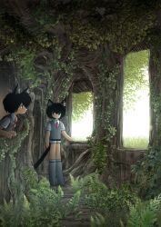  2girls animal_ears aqua_eyes black_hair boots cat_ears cat_girl cat_tail closed_mouth collared_shirt commentary day grey_boots grey_shirt grey_shorts grey_vest indoors looking_at_another multiple_girls nature necktie oono_yasuyuki original overgrown plant red_necktie shirt short_hair short_shorts short_sleeves shorts siblings sisters tail thigh_boots through_window treehouse twins vest window wooden_floor wooden_wall 