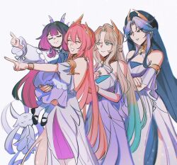  4girls :d ^_^ aged_down andromeda_ys aqua_eyes aqua_gem aqua_hair aria_(genshin_impact) black_hair black_hat black_shoes blonde_hair blue_dress blue_eyes blue_gem blue_hair blue_veil blunt_bangs bow bracelet canon_(genshin_impact) carrying child closed_eyes closed_mouth colored_inner_hair columbina_(dream_journey)_(genshin_impact) columbina_(genshin_impact) crossed_arms detached_sleeves double-parted_bangs dress feathered_wings frilled_dress frilled_sleeves frills gem genshin_impact gold_bracelet gradient_hair hair_between_eyes hair_bow hair_intakes hair_ornament hand_on_own_chest hands_up hat head_wings index_finger_raised jewelry long_hair long_sleeves luonnotar_(genshin_impact) mary_janes medium_hair multicolored_hair multiple_girls multiple_wings official_alternate_costume open_mouth outstretched_arm parted_bangs pink_hair pointing puffy_long_sleeves puffy_sleeves purple_hair shoes short_sleeves siblings sidelocks simple_background sisters sleeveless sleeveless_dress smile socks sonnet_(genshin_impact) standing u_u veil very_long_hair white_background white_bow white_dress white_sleeves white_socks white_wings wings 