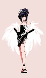  1d3ih 1other ahoge armpits bare_shoulders black_dress black_hair dress fate/samurai_remnant fate_(series) feather_boa hair_bun high_heels highres looking_to_the_side open_mouth red_eyes simple_background thighs yamato_takeru_(fate) 