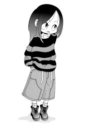  1girl boots commentary_request greyscale hand_in_pocket long_hair monochrome original profile shorts sleeves_past_wrists socks solo striped_clothes striped_sweater sugimura_(sugiyan) sweater tomboy 