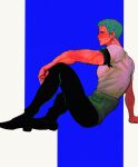  1boy from_side full_body green_hair highres long_sideburns male_focus nok_(nok_1) one_piece pants pectorals profile roronoa_zoro shirt short_hair sideburns sideburns_stubble sitting solo t-shirt toned toned_male two-tone_background 