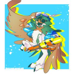  absurdres arm_up artist_name blue_background border commentary_request decidueye goggles goggles_on_head highres holding holding_water_gun leg_up one_eye_closed open_mouth pkpokopoko3 pokemon pokemon_(creature) pokemon_focus red_pupils solo water_gun white_border yellow_eyes 