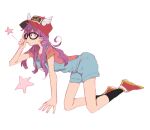  1girl adjusting_eyewear all_fours angel_wings ankle_socks baseball_cap black-framed_eyewear black_socks blue_overalls character_name dr._slump fingernails full_body glasses h_kawa hair_over_shoulder hand_on_eyewear hat long_hair looking_to_the_side loose_hair_strand norimaki_arale open_mouth overalls pocket purple_hair red_footwear red_headwear red_shirt shirt shoes short_sleeves smile sneakers socks solo star_(symbol) t-shirt violet_eyes white_background white_wings winged_hat wings 