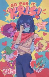  1other 2boys 2girls antlers armor aslll_y berdly_(dark_world)_(deltarune) berdly_(deltarune) bird_boy black_bodysuit blonde_hair blue_hair blue_skin blush bodysuit bracelet breastplate cape character_name closed_eyes colored_skin deer_antlers deer_girl delta_rune_(symbol) deltarune english_text fangs finger_to_mouth flower flower_in_mouth furrowed_brow furry furry_female furry_male ganbare!_nakamura-kun!! ganbare!_nakamura-kun!!_cover_parody gauntlets glasses goat_boy green_hat hair_over_one_eye hand_on_own_hat hat heart highres horns jewelry kris_(dark_world)_(deltarune) kris_(deltarune) long_hair medium_hair multiple_boys multiple_girls nervous_smile noelle_holiday noelle_holiday_(dark_world) pink_cape pink_scarf purple_hair purple_skin ralsei red_eyes red_nose rose round_eyewear scarf scouter shoulder_armor smile smirk spiked_bracelet spikes star_(symbol) susie_(dark_world)_(deltarune) susie_(deltarune) twitter_username utdr_(toby_fox) 