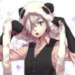  1boy animal_hands black_mittens black_vest buttons grey_eyes grey_hair hair_over_one_eye inga looking_at_viewer male_focus mittens open_mouth panda_hat pink_shirt shiromi_(ringo) shirt simple_background solo un-go upper_body vest white_background 