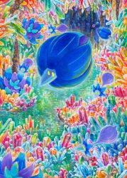  colorful commentary crystal english_commentary evolutionary_line floating full_body glimmet glimmora no_humans official_art pokemon pokemon_(creature) pokemon_focus pokemon_tcg pokemon_tcg_pocket shiraishi_takashi solid_oval_eyes third-party_source water 