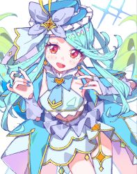  1girl aqua_capelet aqua_hair blue_hat blue_tube_top blush_stickers boater_hat bow bowtie brooch bug butterfly butterfly_hat_ornament capelet cure_eclair earrings frilled_hat frilled_tube_top frills hands_up hat hat_ornament heart heart_brooch highres jewelry long_hair magical_girl meitantei_precure! midriff morumoru_x navel open_mouth precure red_eyes simple_background single_thighhigh skirt solo sparkle strapless thigh-highs thigh_strap tube_top white_background 