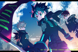  3boys aqua_eyes aqua_hair aqua_trim bakugou_katsuki belt belt_pouch black_belt black_bodysuit black_gloves black_mask blonde_hair blue_sky blurry bodysuit boku_no_hero_academia bright_pupils building burn_scar chromatic_aberration city cityscape closed_mouth clouds cloudy_sky commentary_request depth_of_field diffraction_spikes double_horizontal_stripe dutch_angle english_text fingerless_gloves flag flagpole floating_mask foreground_text foreshortening freckles gloves gradient_sky grey_eyes hair_between_eyes hand_up headgear heterochromia high_collar highres holding holding_flag holding_pole letterboxed looking_at_viewer looking_back looking_to_the_side male_focus mask mask_around_neck midoriya_izuku mixed-language_commentary mouth_mask multicolored_hair multiple_boys nao_(n_sai_ao) official_alternate_costume outdoors outside_border parted_lips partial_commentary pink_sky pole pouch profile red_eyes red_hair scar scar_on_face short_hair sideways_glance single_horizontal_stripe single_vertical_stripe sky spiky_hair split-color_hair sun sunburst sunlight todoroki_shoto turning_head two-tone_hair typo upper_body utility_belt v-shaped_eyebrows white_hair white_pupils 