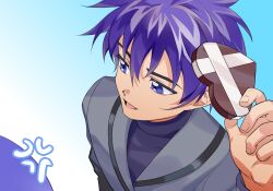  1boy 1girl :d anger_vein arm_up black_shirt blue_background blue_eyes blue_hair blue_hat box box_of_chocolates commentary curled_fingers fingernails from_above fushigiboshi_no_futago_hime fushigiboshi_no_futago_hime_gyu grey_jacket hair_between_eyes hat heart-shaped_box hetero highres holding holding_box jacket long_sleeves looking_at_another newsboy_cap open_mouth ravenya0w0 rein_(futagohime) royal_wonder_academy_school_uniform school_uniform shade_(futagohime) shirt short_hair smile solo_focus thick_eyebrows turtleneck turtleneck_shirt two-tone_background untranslatable_commentary upper_body valentine white_background 