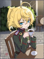  1girl absurdres ahoge belt blonde_hair blue_eyes border bush chair coffee commentary cross cup elementary_(lolipope) english_commentary green_jacket grey_border grin hair_between_eyes highres holding holding_cup iron_cross jacket long_sleeves looking_at_viewer medal military military_jacket military_uniform plate ponytail short_hair shoulder_boards signature sitting smile solo sunlight table tanya_degurechaff upper_body wooden_chair wooden_table youjo_senki 