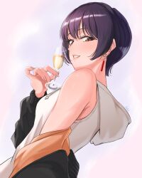  1girl absurdres black_hair black_jacket brown_eyes champagne_flute chang_chin-lan cup drawstring drink drinking_glass earrings funtak highres holding holding_drink hood hoodie jacket jewelry kamiina_botan_yoeru_sugata_wa_yuri_no_hana long_hair off_shoulder parted_lips pink_background purple_background short_hair sleeveless sleeveless_hoodie smile solo white_hoodie 