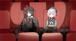  2girls armband beret black_capelet black_choker black_coat black_hair black_hat black_shirt capelet chair choker closed_mouth coat collared_coat collared_shirt crown flower food gradient_hair hair_flower hair_ornament hat hat_flower hat_ribbon long_hair long_sleeves mahou_shoujo_no_majo_saiban mini_crown movie_theater multicolored_hair multiple_girls neck_ribbon necktie nikaido_hiro pink_eyes pink_hair popcorn red_armband red_eyes red_flower red_necktie ribbon sakuraba_ema se_s_mi shirt short_hair side_capelet sitting sleeveless sleeveless_coat white_flower white_hair white_ribbon white_shirt white_sleeves x_hair_ornament 