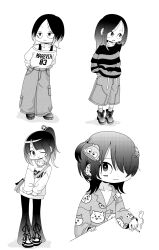  4girls :3 bag blunt_bangs boots cargo_pants cigarette claw_hair_clip commentary_request ear_piercing earrings greyscale hair_over_one_eye high_ponytail highres holding holding_cigarette jewelry long_hair looking_to_the_side monochrome multicolored_hair multiple_girls necklace one_eye_closed one_side_up original pajamas pants piercing planet_earrings ponytail shoes sidelocks sleeves_past_wrists smoking sneakers socks striped_clothes striped_sweater sugimura_(sugiyan) sweater tomboy two-tone_hair 