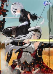  2b_(nier:automata) 2girls absurdres azur_lane bare_shoulders black_boots black_gloves blindfold boots bow_(weapon) brown_pantyhose closed_mouth commentary crossover english_commentary enterprise_(azur_lane) gloves highres holding holding_bow_(weapon) holding_weapon long_sleeves multiple_girls nier_(series) official_art pantyhose thigh_boots weapon white_hair 