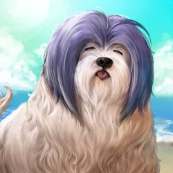  ahoge animal animal_focus animal_with_hair animalization blue_hair closed_eyes day dog facing_viewer highres hold111 idolmaster idolmaster_(classic) miura_azusa no_humans outdoors solo tongue tongue_out white_dog 