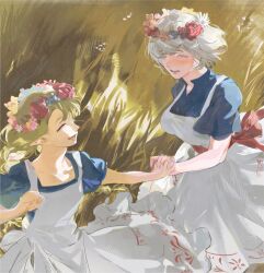  22_(22mimi2434) 2girls blonde_hair blue_shirt closed_eyes colored_eyelashes commentary dress dungeon_meshi falin_touden head_wreath highres holding_hands long_hair marcille_donato multiple_girls open_mouth pointy_ears shirt short_hair smile white_dress 