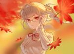  1girl adjusting_hair autumn blurry blurry_background braid breasts brown_background collared_shirt danganronpa_(series) danganronpa_2:_goodbye_despair frown grey_shirt hand_up highres large_breasts messy_hair neck_ribbon pekoyama_peko red_eyes red_ribbon ribbon semi-rimless_eyewear shirt solo twin_braids twintails umeumeumestar 