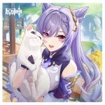  1girl :d absurdres animal animal_hug bare_shoulders black_gloves cat commentary_request cone_hair_bun detached_sleeves genshin_impact gloves hair_bun hair_ornament highres holding holding_animal holding_cat keqing_(genshin_impact) long_hair looking_at_viewer official_art open_mouth outdoors purple_hair smile solo upper_body very_long_hair violet_eyes watermark white_cat 