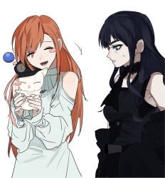  2girls bare_shoulders black_choker black_dress black_hair black_hat blue_eyes blush_stickers breasts choker closed_eyes closed_mouth clothing_cutout dress ff14nm final_fantasy final_fantasy_xiv gaia_(ff14) hat highres light_blush long_hair medium_breasts moogle multiple_girls open_mouth orange_hair ryne_waters shoulder_cutout single_blush_sticker smile sweatdrop upper_body white_background white_dress 
