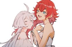  2girls blue_eyes blush closed_eyes closed_mouth commentary_request dress gundam gundam_suisei_no_majo highres long_hair miorine_rembran multiple_girls off-shoulder_dress off_shoulder open_mouth red_hair simple_background smile suletta_mercury teeth thick_eyebrows upper_teeth_only vt104k white_background white_dress white_hair 