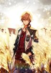  1boy ao_no_kiseki blue_jacket brown_eyes brown_hair brown_pants closed_mouth cowboy_shot dog_tags eiyuu_densetsu highres jacket lloyd_bannings looking_at_viewer male_focus multicolored_clothes multicolored_jacket open_clothes open_jacket pants red_shirt shirt short_hair smile soap_(user_kghh4755) solo two-tone_jacket wheat_field white_jacket zero_no_kiseki 