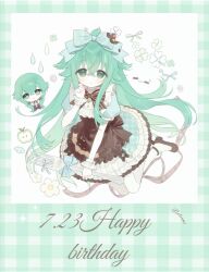  1girl alternate_costume black_shoes date_a_live dress flower fork frilled_dress frills green_eyes green_hair hair_between_eyes hair_ribbon happy_birthday highres holding holding_fork kyouno777 kyouno_natsumi long_hair looking_at_viewer multicolored_dress pale_colors puffy_short_sleeves puffy_sleeves ribbon shoes short_sleeves wrist_cuffs 