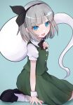  1girl black_bow black_footwear black_hairband blue_background blue_eyes bob_cut bow fuua_(fxae3875) ghost_tail green_skirt green_vest grey_hair hairband hitodama_print konpaku_youmu konpaku_youmu_(ghost) looking_at_viewer open_mouth puffy_short_sleeves puffy_sleeves shirt short_hair short_sleeves simple_background skirt socks solo touhou vest white_shirt white_socks 