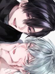  2boys alien_stage black_eyes black_hair black_shirt commentary_request grabbing_another's_chin green_eyes grey_hair hand_on_another's_chin highres ivan_(alien_stage) male_focus moruru_08 multiple_boys neck_tattoo open_mouth red_pupils shirt short_hair tattoo till_(alien_stage) turtleneck turtleneck_shirt very_short_hair 
