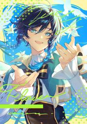  1boy ahoge androgynous aqua_gem artist_name ascot beak bird bird_wings black_bow black_bowtie black_hair blue_eyes blue_hair blue_sky blush border bow bowtie braid brown_corset buttons cape collared_cape corset day english_text feathered_wings fingernails floating_cape floating_hair flower gem genshin_impact gradient_hair green_cape hair_between_eyes hands_up highres jewelry long_sleeves looking_at_viewer male_focus missing_headwear multicolored_hair open_mouth outdoors outside_border pendant pigeon pon2oo puffy_long_sleeves puffy_sleeves shirt short_hair sky smile solo striped_bow striped_bowtie striped_clothes teeth twin_braids two-sided_cape two-sided_fabric two-tone_hair venti_(genshin_impact) watermark white_ascot white_flower white_shirt wings yellow_border yellow_cape 