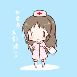  0_0 1girl :3 blue_background blush brown_hair chibi closed_mouth commentary_request dress full_body garter_straps hat holding holding_syringe idolmaster idolmaster_cinderella_girls long_hair mitarashi_neko no_shoes nurse nurse_cap pink_dress pink_hat pink_thighhighs shadow simple_background solo standing syringe tachibana_arisu thigh-highs translation_request very_long_hair 