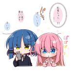  2girls black_sweater blue_eyes blue_hair blunt_bangs blush bocchi_the_rock! cellphone chibi chika_(06chimika13) commentary cube_hair_ornament expressionless eyes_visible_through_hair gotoh_hitori hair_ornament hairclip heart holding holding_phone jacket long_hair looking_at_viewer lovestruck mole mole_under_eye multiple_girls one_side_up open_mouth phone pink_hair pink_jacket short_hair smartphone sound_effects sweater thought_bubble track_jacket translated yamada_ryo yellow_eyes 