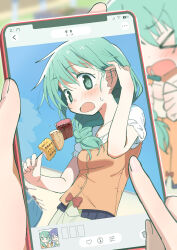  >_< 2girls adjusting_hair aoki_ume_(style) blue_eyes blue_hair blurry blush blush_stickers bow braid cellphone cellphone_photo clenched_hand collarbone commentary_request commission depth_of_field duplicate fingernails flustered food glasses green_hair hand_in_own_hair hidamari_sketch highres holding holding_food holding_skewer juxtaposition looking_at_viewer multiple_girls natsume_(hidamari_sketch) open_mouth orange_shirt phone pov puffy_short_sleeves puffy_sleeves sae_(hidamari_sketch) saku_p shirt short_hair short_sleeves single_braid skeb_commission skewer sky smartphone sweat viewer_holding_phone 