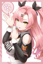  1girl bare_shoulders black_ribbon breasts clothing_cutout coin crop_top earrings from_side green_eyes hair_ornament hair_ribbon hairclip hand_up heart heart_earrings highres holding holding_coin jewelry large_breasts long_hair looking_at_viewer mole mole_under_eye nicole_demara okazu-umauma pink_hair ribbon shoulder_cutout solo strapless tongue tongue_out tube_top two_side_up upper_body white_tube_top zenless_zone_zero 