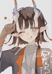  1girl :q ;q arknights beads black_hair black_jacket blush_stickers braid closed_mouth colored_extremities earrings eyeliner grey_background grey_eyes grey_shirt hand_on_own_head highres jacket jewelry jie_(arknights) looking_at_viewer makeup multicolored_hair nununn0545 one_eye_closed orange_hair pointy_ears red_eyeliner shirt short_hair_with_long_locks simple_background solo star_(symbol) streaked_hair tongue tongue_out twitter_username upper_body watermark 
