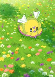  0_0 commentary english_commentary eyelashes flittle flower full_body grass no_humans official_art ogata_kanami orange_flower outdoors pink_flower pokemon pokemon_(creature) pokemon_focus pokemon_tcg pokemon_tcg_pocket purple_flower solo third-party_source white_flower yellow_flower 
