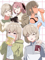  2girls beer_can black_ribbon blush bottle brown_jacket can commentary cup drink_can drinking green_jacket green_skirt grey_hair grey_jacket grid_background hair_intakes hair_ribbon highres holding holding_bottle holding_can holding_cup jacket kamiina_botan kamiina_botan_yoeru_sugata_wa_yuri_no_hana long_hair multiple_girls off-shoulder_shirt off_shoulder open_mouth pink_hair ribbon sake_bottle shirt short_hair skirt smile sweat sweater toasting_(gesture) tonami_ibuki turtleneck turtleneck_sweater two_side_up watasisan3 white_background white_shirt yellow_sweater 