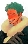  1boy blush coat earrings facing_ahead gloves green_hair highres jewelry laughing long_sideburns male_focus nok_(nok_1) one_piece roronoa_zoro short_hair sideburns sideburns_stubble single_earring solo upper_body winter_clothes 