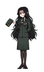  1girl arm_behind_back ascot black_hair breasts buttons commission hat high_heels highres holding holding_unworn_clothes holding_unworn_hat karepack liliara_(senkoin) long_hair looking_to_the_side medal military_hat military_uniform original pantyhose pointy_ears red_eyes shirt skirt smile tail unworn_hat unworn_headwear very_long_hair wavy_hair white_background white_shirt 