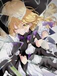  1girl app_filter black_dress black_gloves blonde_hair bow bowtie dress glass glass_shards gloves hair_bow highres kirisame_marisa long_hair looking_at_viewer poprication purple_bow purple_bowtie shards shattered shirt smile solo touhou white_shirt yellow_eyes 