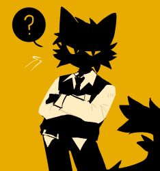  1boy ? animal_ears animal_hospital_(roblox) black_cat black_fur black_necktie black_vest blending cat cat_boy cat_ears cat_tail collared_shirt commentary crossed_arms english_commentary highres looking_at_viewer male_focus necktie no_lineart poiuushho roblox secret_agent_(animal_hospital) shirt solo spoken_question_mark tail vest yellow_background 